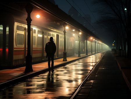 a person standing on a train platform at nightの素材