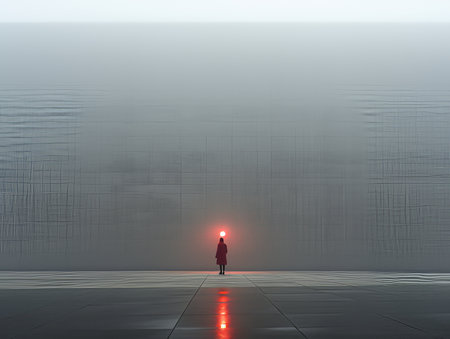 a person standing in the middle of a foggy roomの素材