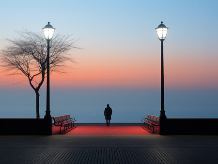 a person standing in front of a street light and a benchの素材