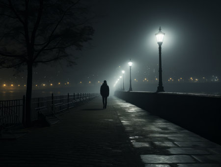 a person walking along a path at night in the fogの素材
