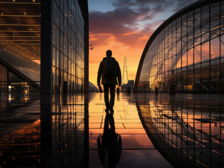 a person standing in front of a building at sunsetの素材