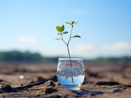 a plant growing in a glass of water on the groundの素材