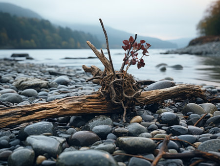 a plant is growing out of a log on the shore of a riverの素材