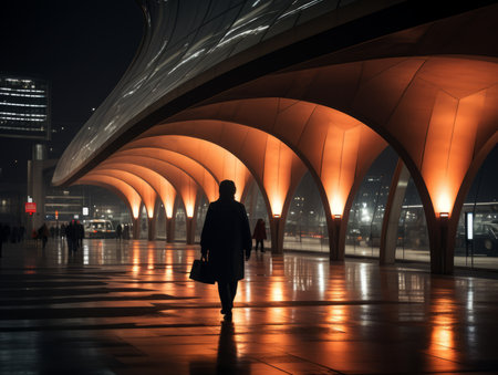 a person walking under a bridge at nightの素材