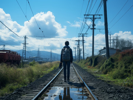 a person with a backpack standing on a railroad trackの素材