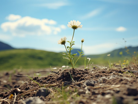 a single daisy plant growing out of the ground in the middle of a fieldの素材