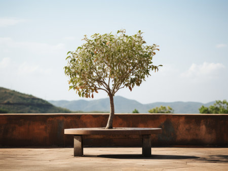 a small tree sitting on a bench in front of a mountain