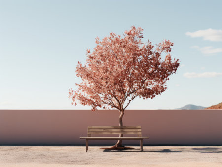 a tree and bench in front of a pink wallの素材
