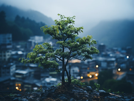 a small tree growing on top of a hill in front of a cityの素材