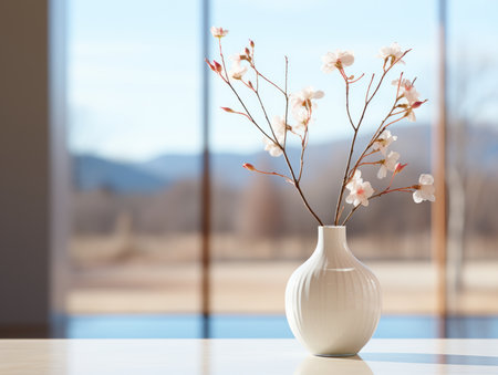 a white vase with flowers sitting on a table in front of a windowの素材