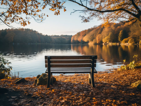 a wooden bench sits in front of a lake in the fallの素材