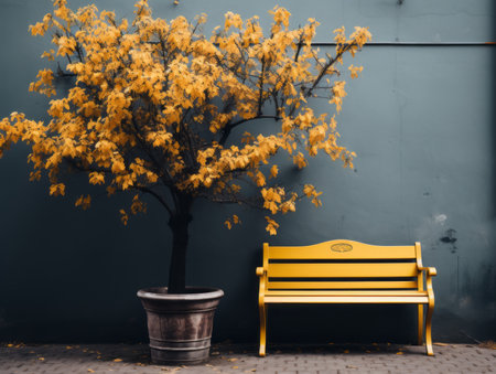 a yellow bench next to a treeの素材