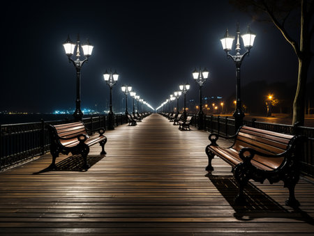 a wooden walkway with benches and street lights at nightの素材