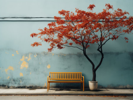 a yellow bench sitting in front of a treeの素材