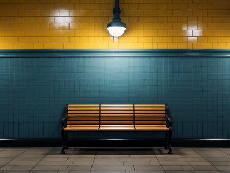 a wooden bench sitting in front of a blue wallの素材
