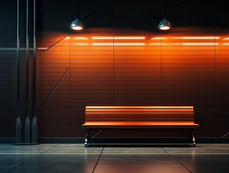 an empty bench in a dark room with lightsの素材