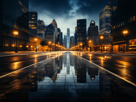 an empty city street at night with lights reflecting in the waterの素材
