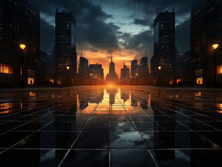 an empty city street at sunset with buildings in the backgroundの素材