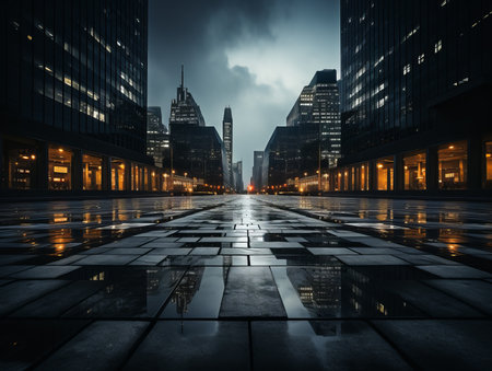 an empty street at night with tall buildings in the backgroundの素材