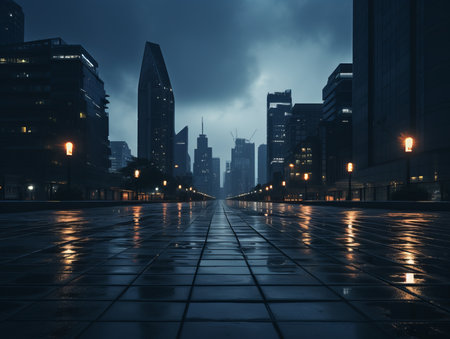 an empty street in the middle of a city at nightの素材