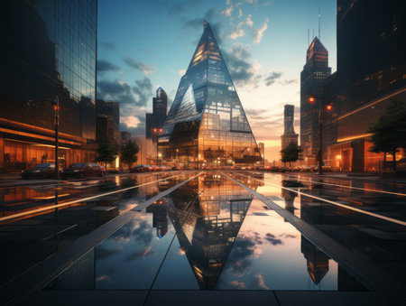 an image of a city street at dusk with a large building in the backgroundの素材