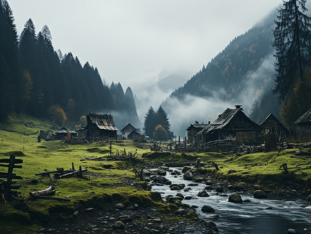 an old village in the mountains with a stream running through itの素材