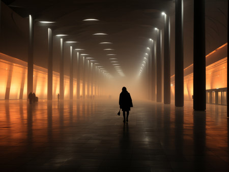 silhouette of a person walking through a foggy tunnelの素材