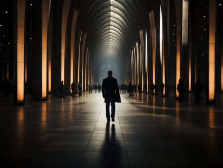 silhouette of a man walking through an empty hallの素材