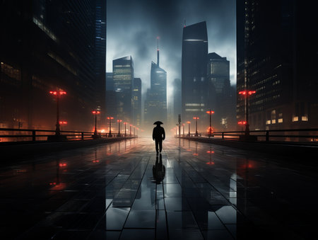 silhouette of a person walking in the city at nightの素材