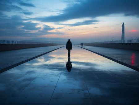silhouette of a person standing on a wet walkway with the washington monument in the backgroundの素材
