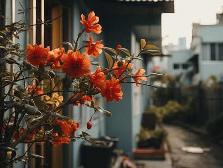 orange flowers in front of a blue houseの素材