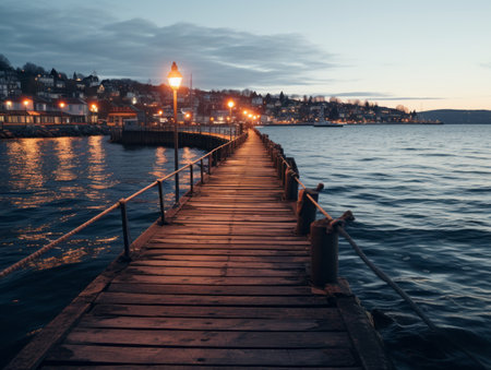 wooden pier over the water at dusk in luzern switzerlandの素材
