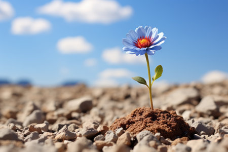 a single blue flower is growing out of the groundの素材