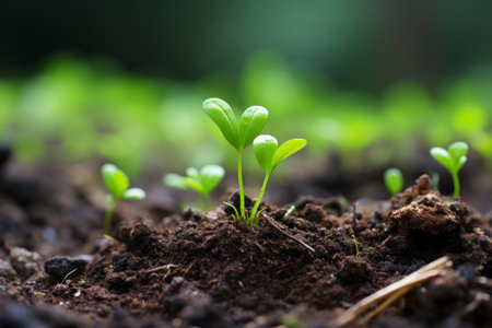 a close up of young plants sprouting from the soilの素材