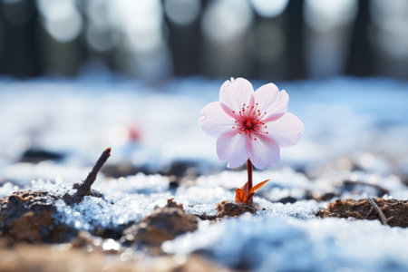 a single pink flower stands out in the snowの素材