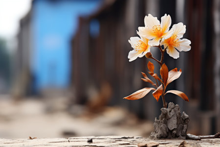 a single flower is sitting on top of a piece of woodの素材