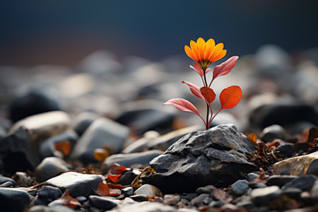 a single orange flower is growing out of a rockの素材