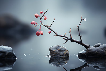 a branch with red berries on it is reflected in the waterの素材