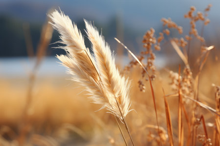 a close up of some tall grass in front of a lakeの素材