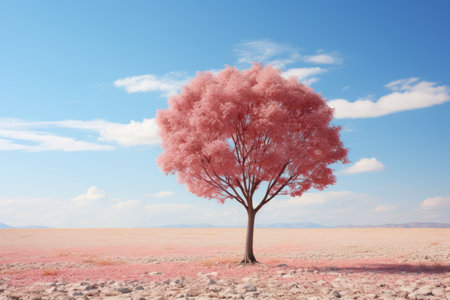 a pink tree stands alone in the middle of a desertの素材