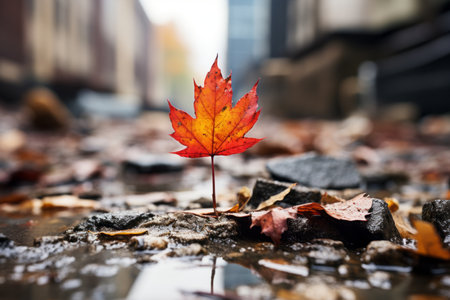 a red maple leaf sits on the ground in the middle of a puddleの素材