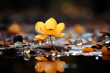 a single yellow flower sits on the ground surrounded by water dropletsの素材