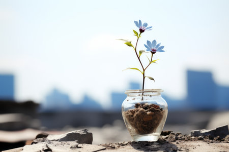 a small flower is growing in a glass vase on top of a pile of rubbleの素材