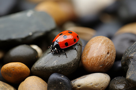 a ladybug sitting on top of a pile of rocksの素材