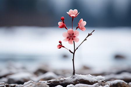 a single pink flower is growing out of the ground in the snowの素材