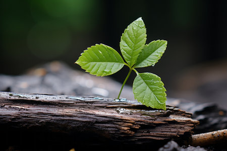 a small green plant is sitting on top of a piece of woodの素材