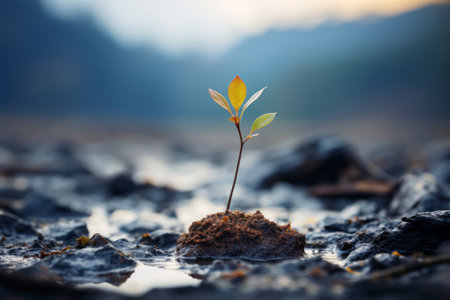 a small plant is growing out of mud in the middle of a fieldの素材