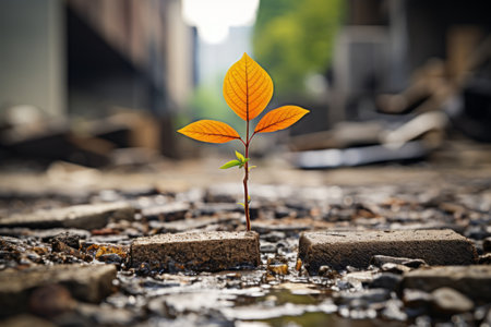 a small plant is growing out of a crack in the groundの素材