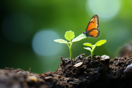 a small orange butterfly is sitting on top of a plantの素材