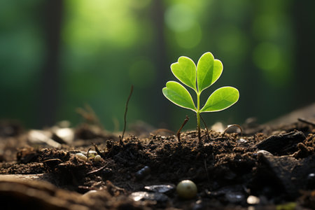 a small green plant sprouting from the ground in the middle of a forestの素材